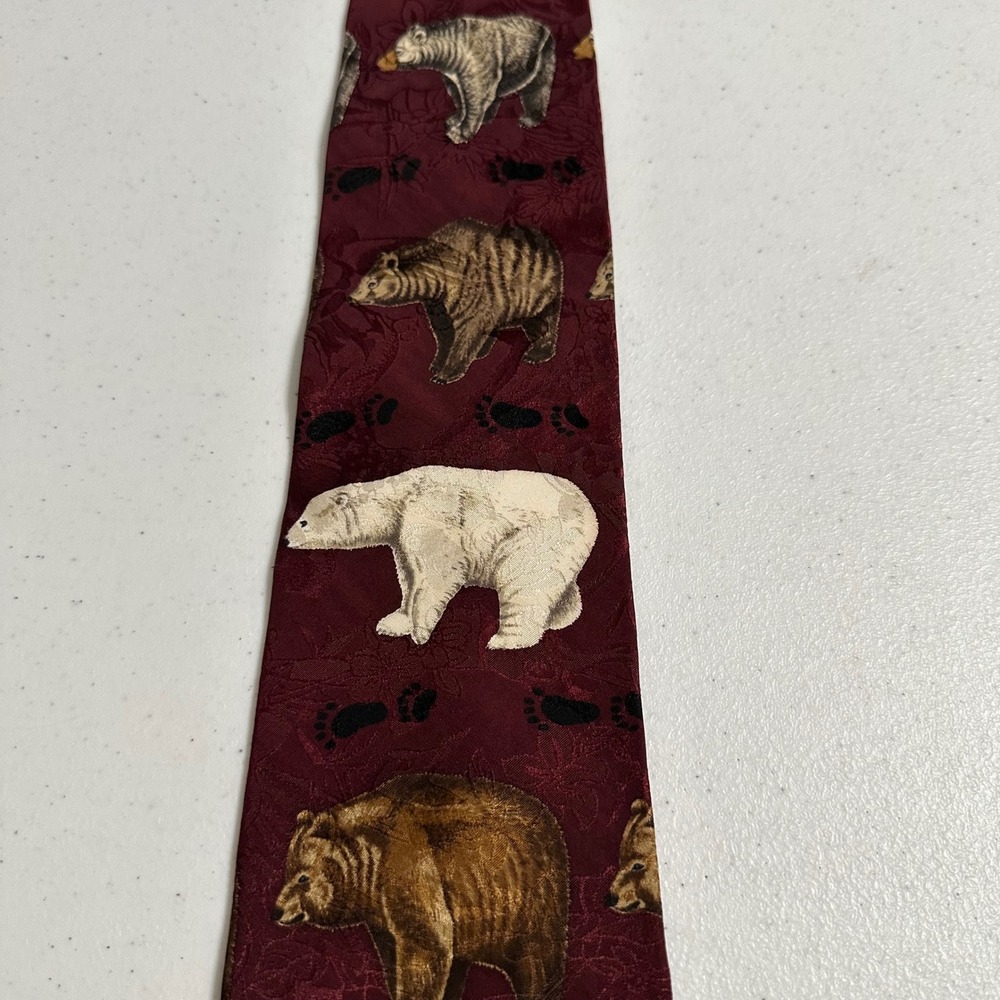 Endangered Species North American Bears Polar Grizzly Silk Necktie Burgundy‎ VTG